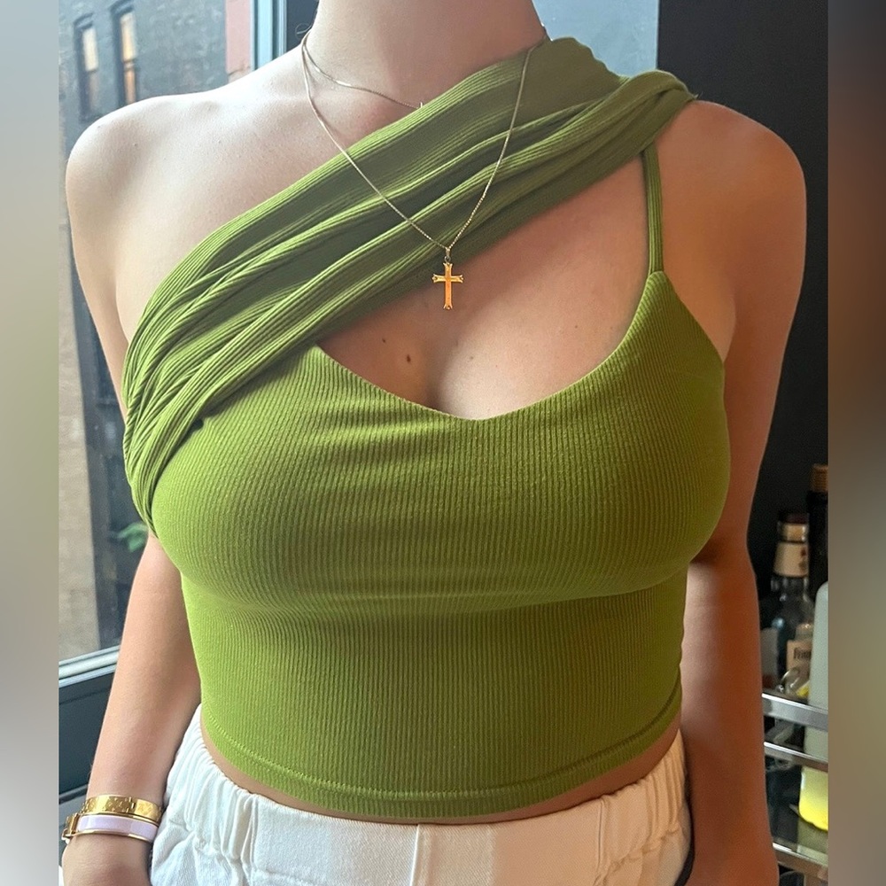 Green One Shoulder Cropped Shirt